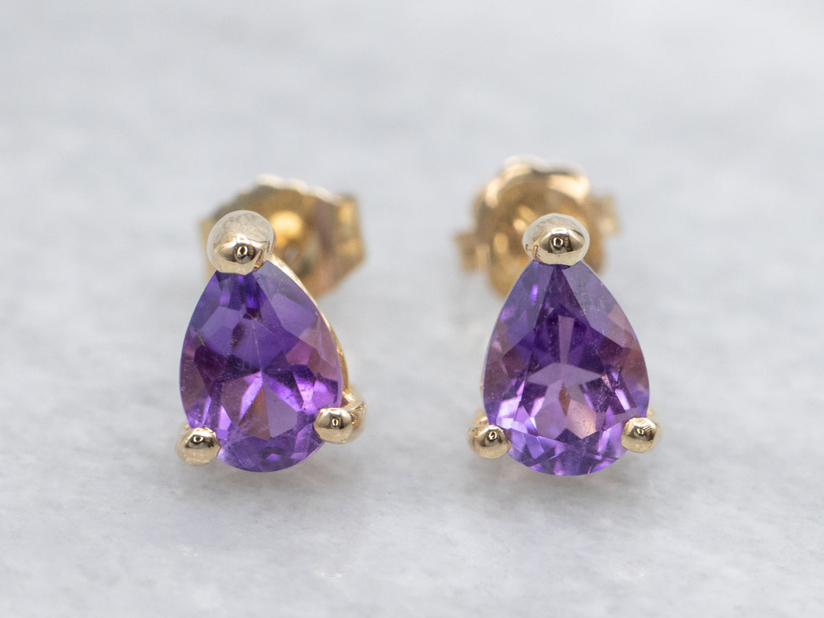 Teardrop Amethyst Yellow Gold Stud Earrings