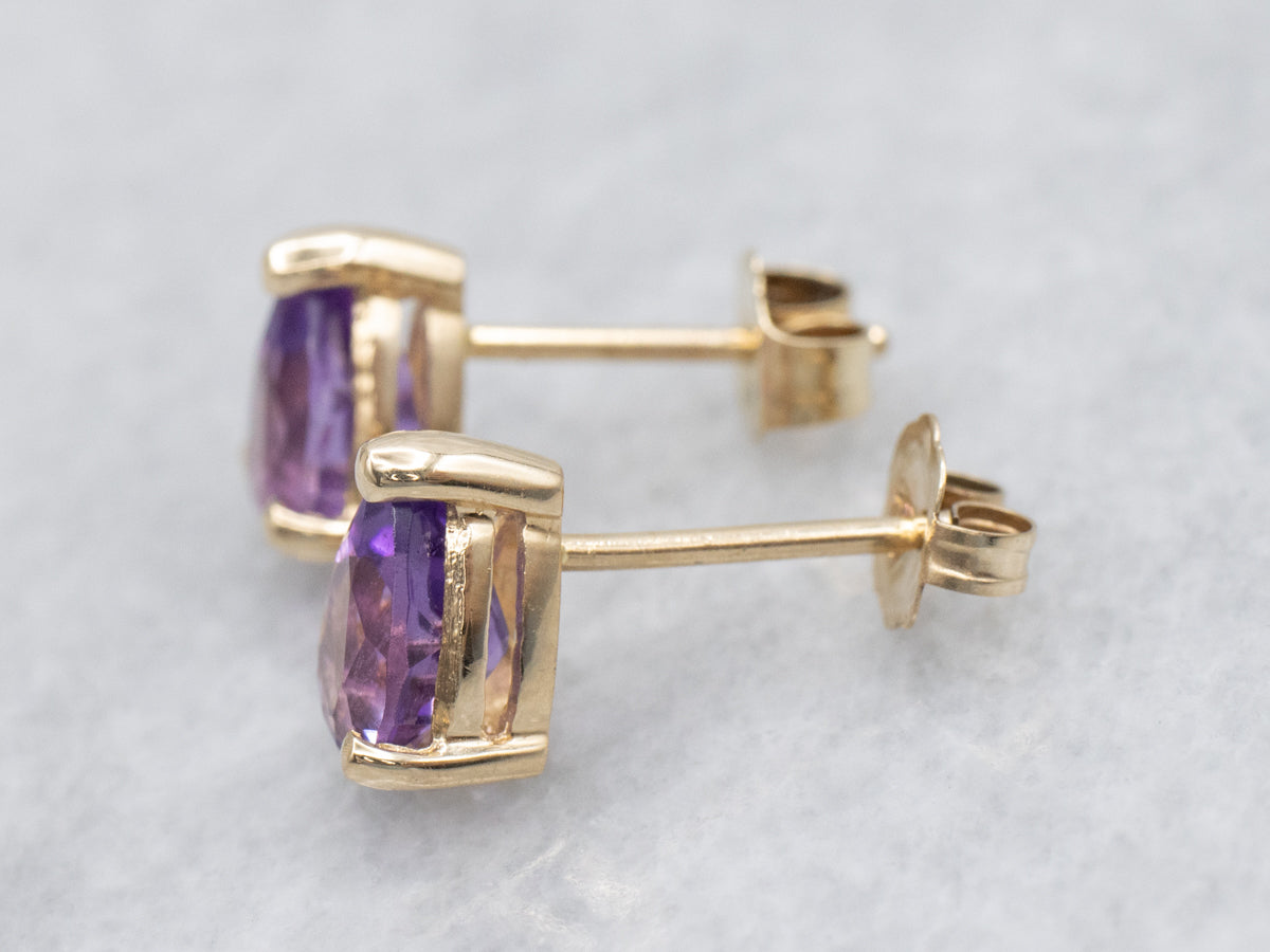 Teardrop Amethyst Yellow Gold Stud Earrings