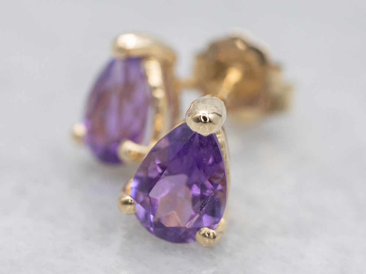 Teardrop Amethyst Yellow Gold Stud Earrings