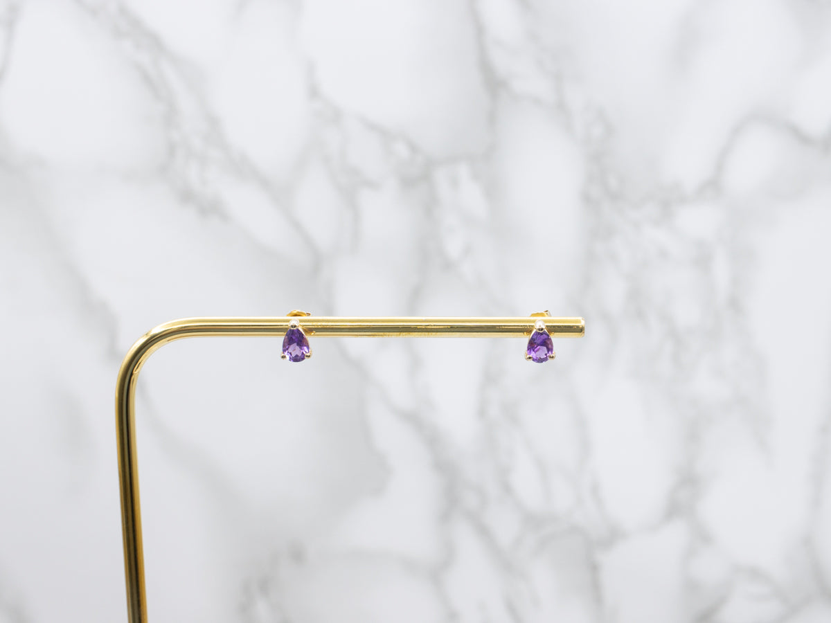 Teardrop Amethyst Yellow Gold Stud Earrings
