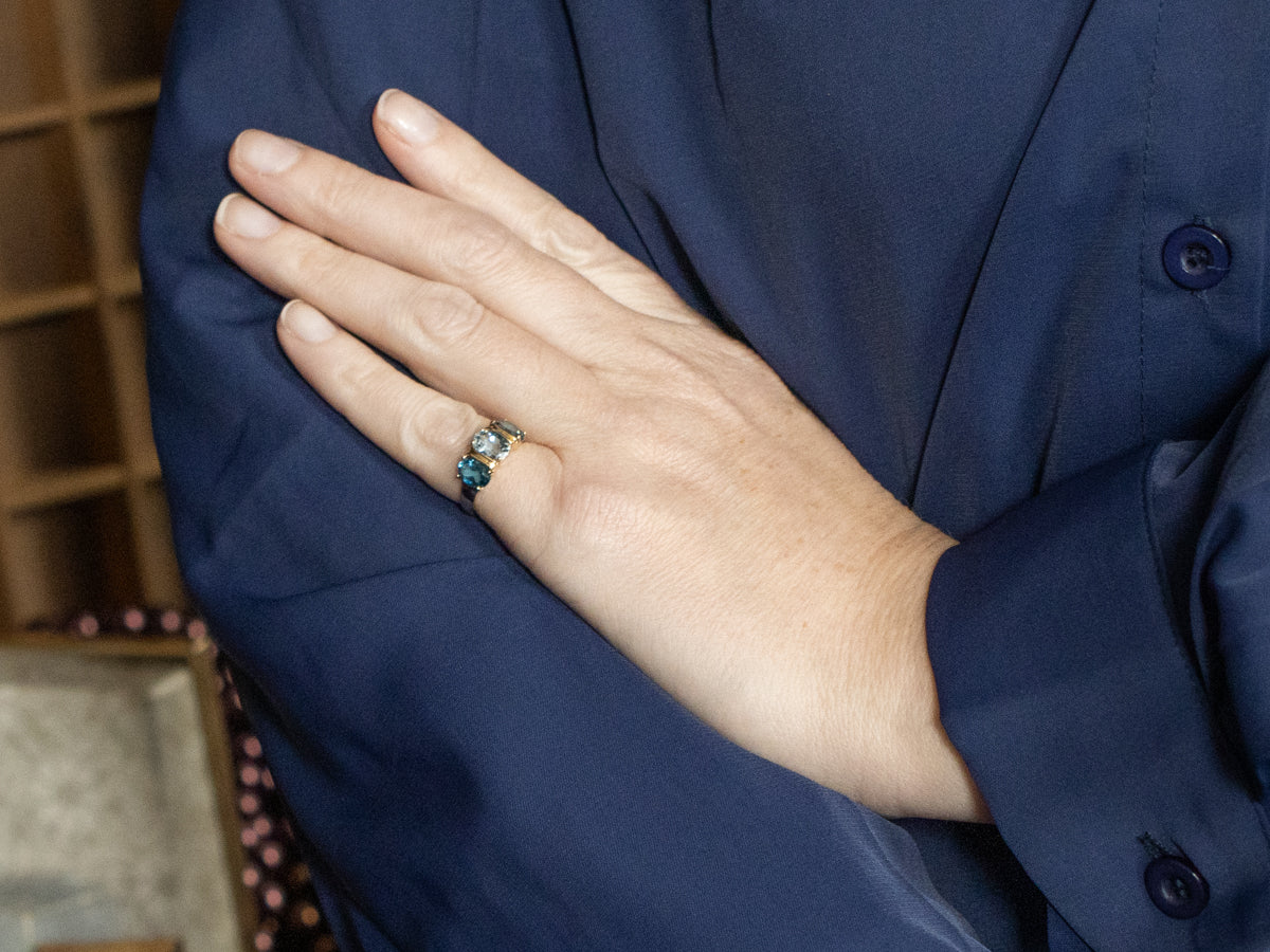 Blue Tones Aquamarine and Topaz Three Stone Ring