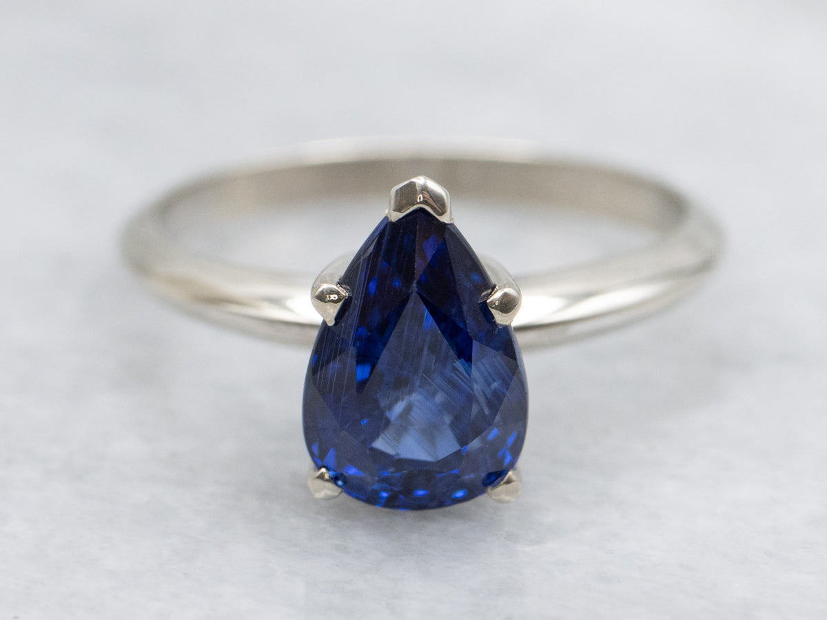 Pear-Cut Sapphire Solitaire Ring in White Gold