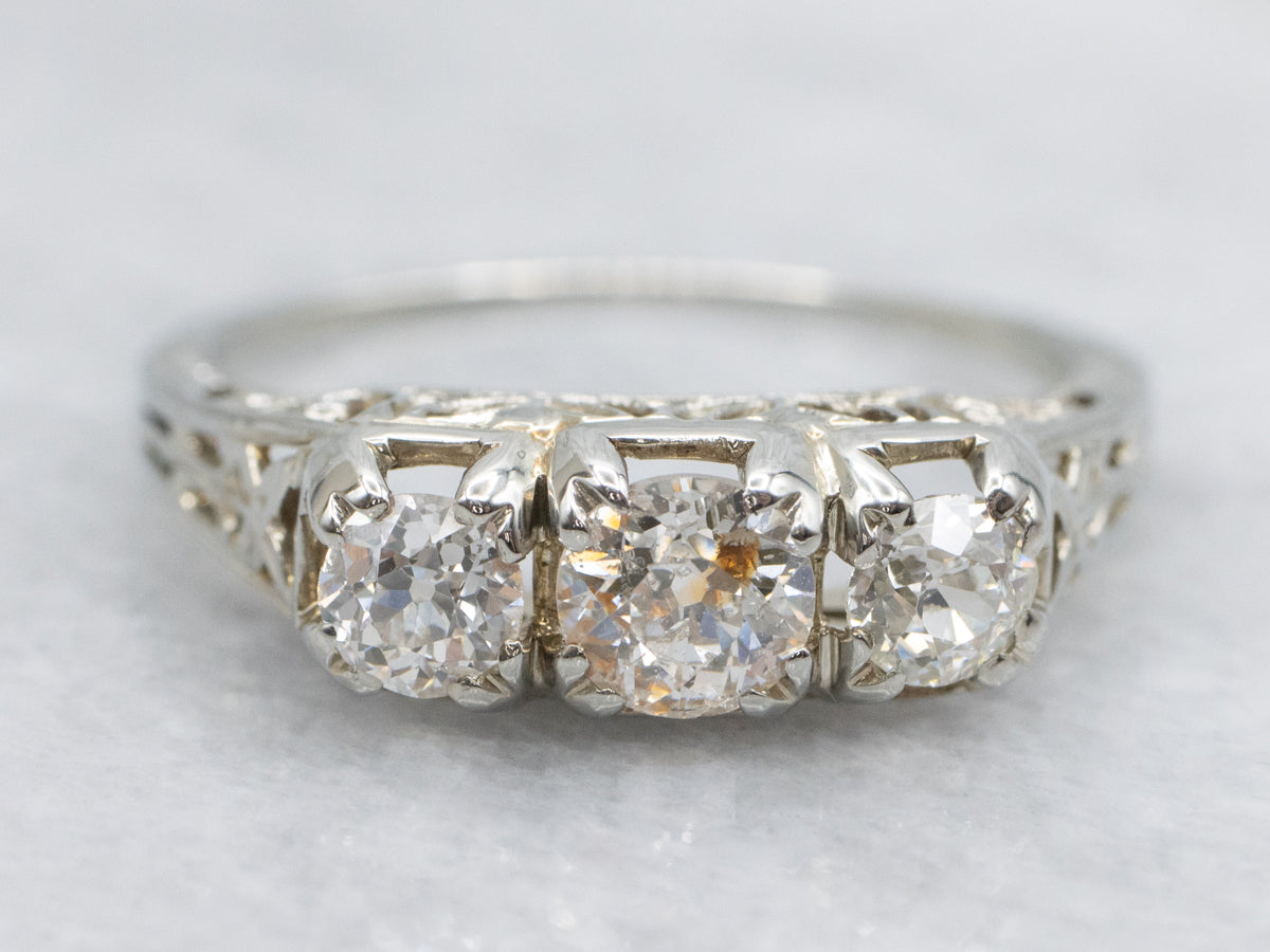 Art Deco Era Old Mine Cut Diamond Filigree Three Stone Ring