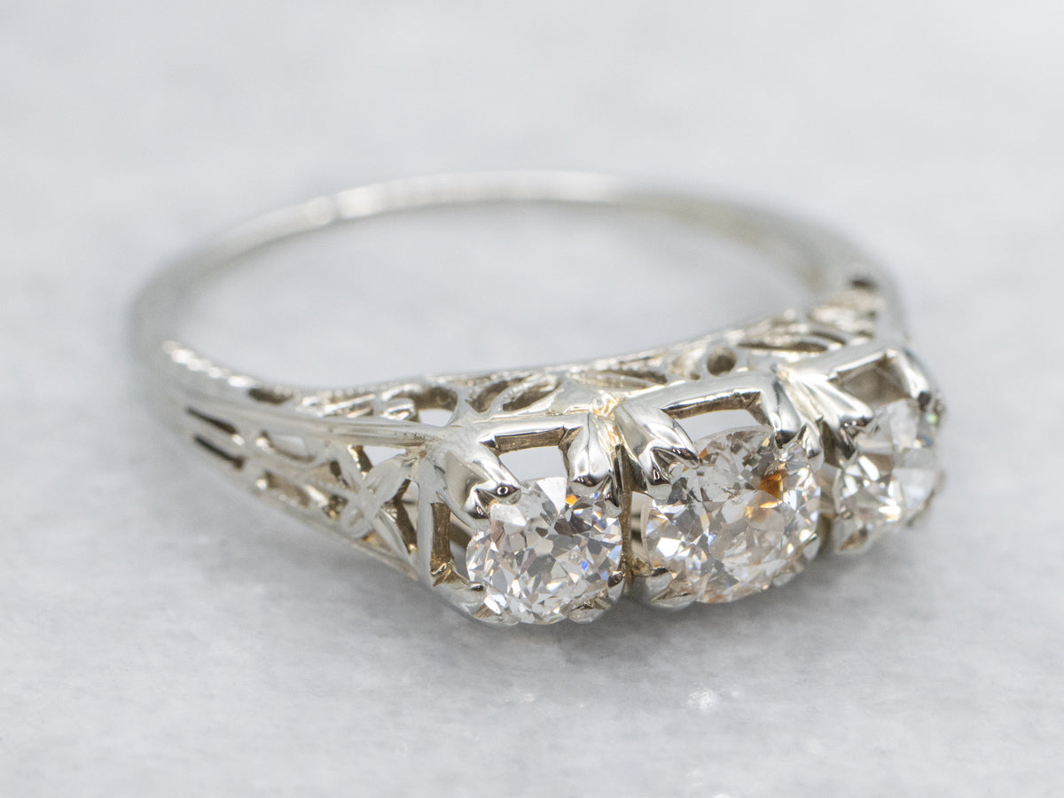 Art Deco Era Old Mine Cut Diamond Filigree Three Stone Ring