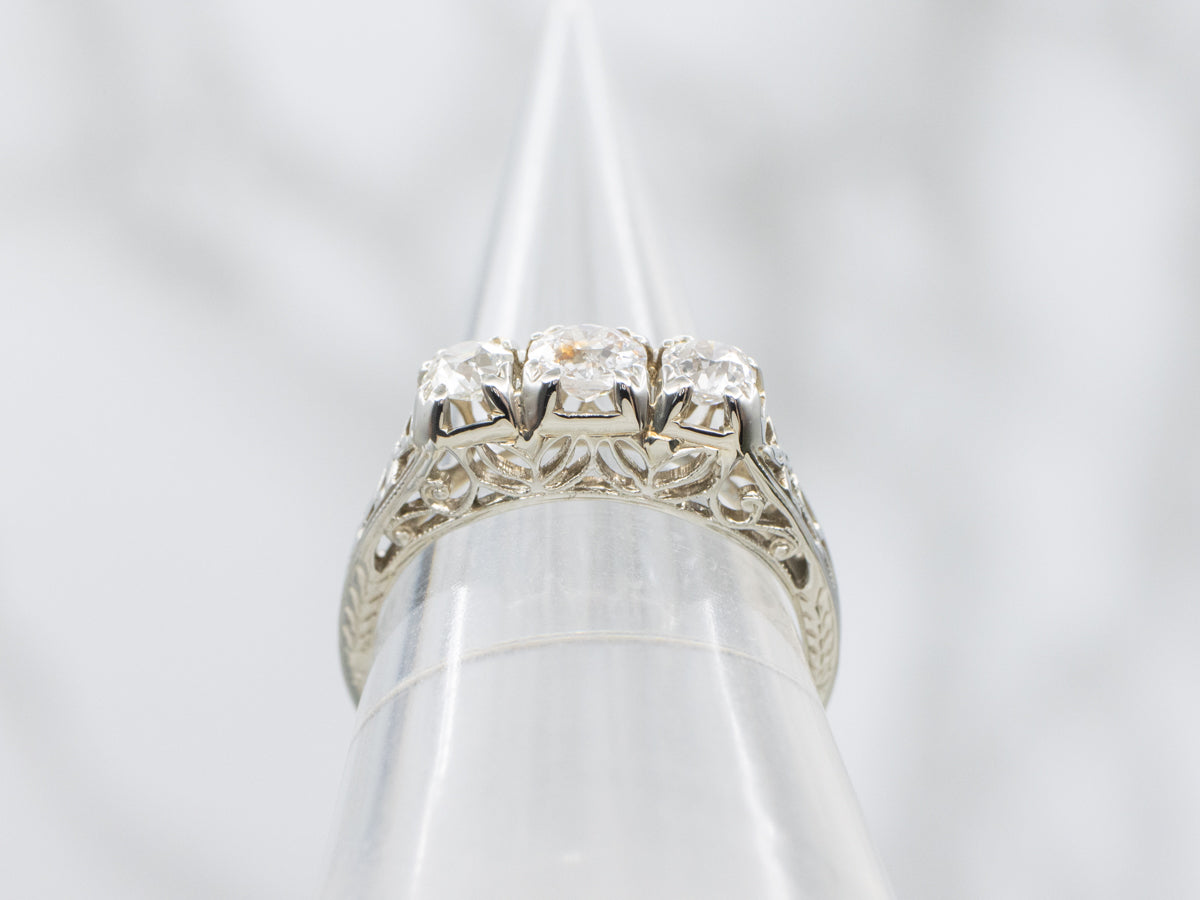 Art Deco Era Old Mine Cut Diamond Filigree Three Stone Ring