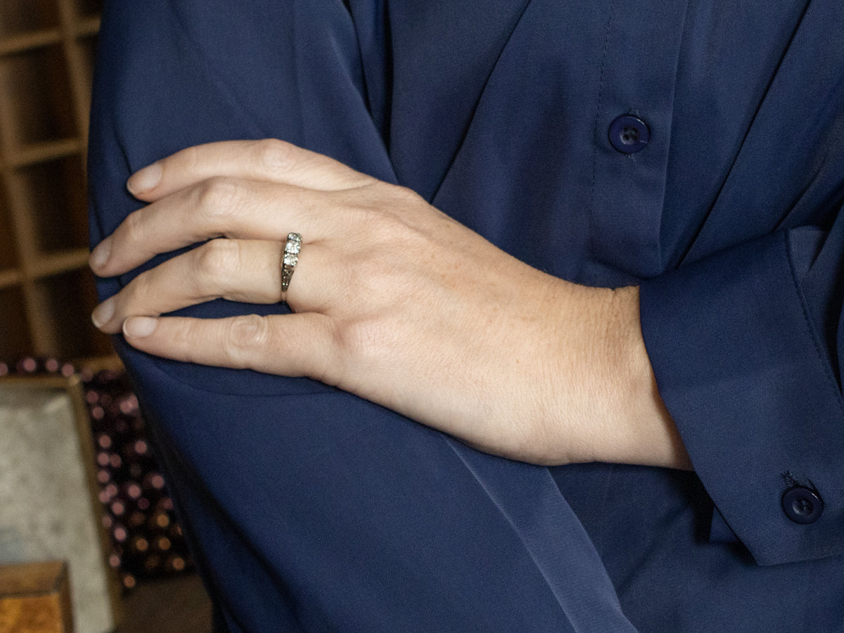 Art Deco Era Old Mine Cut Diamond Filigree Three Stone Ring