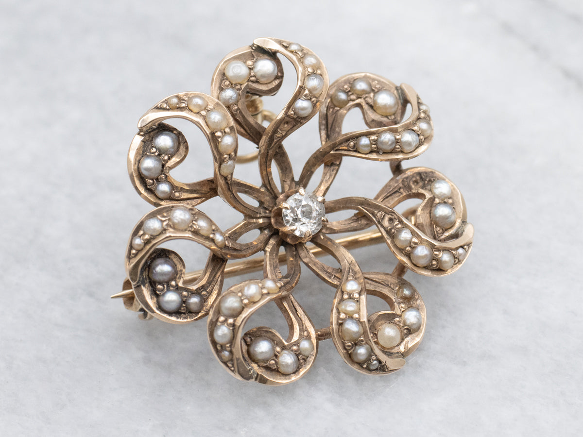 Old Mine Cut Diamond and Seed Pearl Rose Gold Pin and Pendant