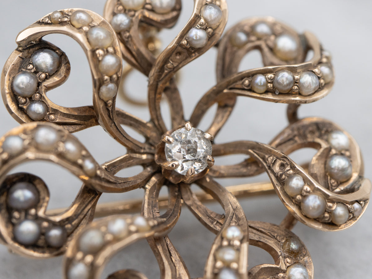 Old Mine Cut Diamond and Seed Pearl Rose Gold Pin and Pendant