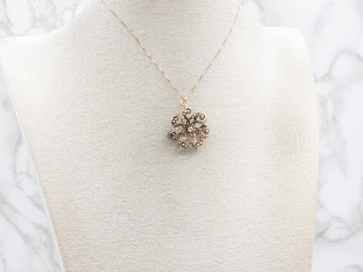 Old Mine Cut Diamond and Seed Pearl Rose Gold Pin and Pendant