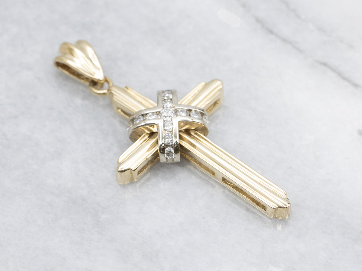 Modern Two-Tone Gold Diamond Cross Pendant