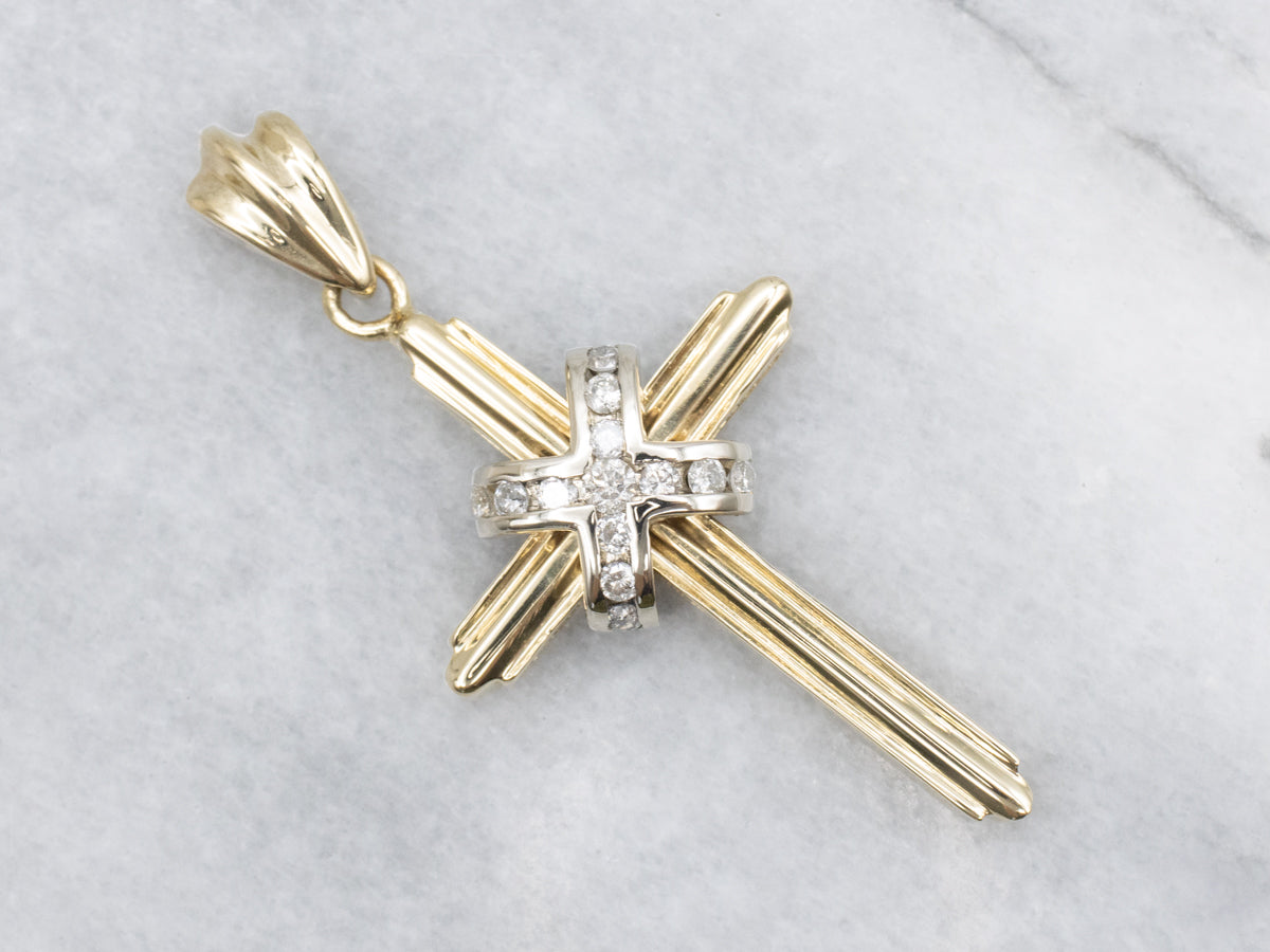 Modern Two-Tone Gold Diamond Cross Pendant