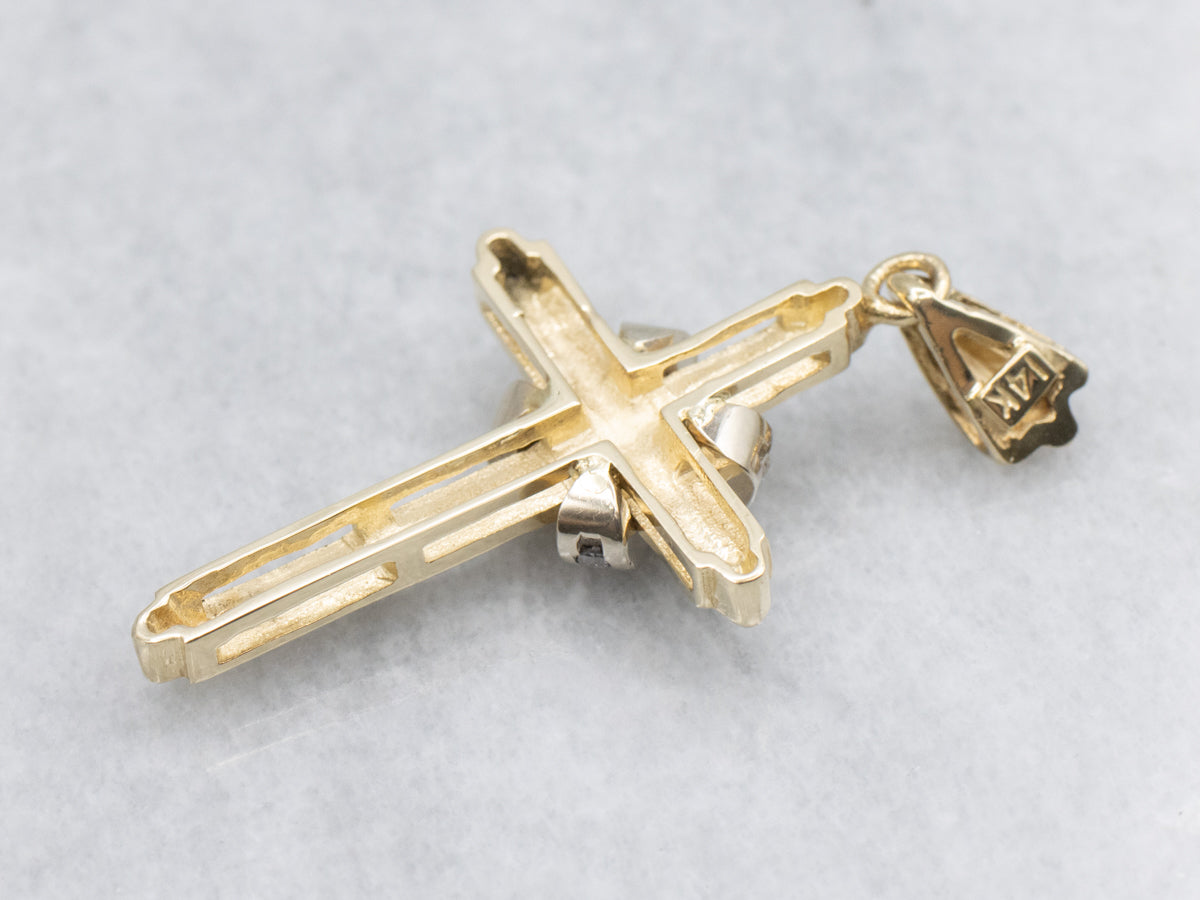 Modern Two-Tone Gold Diamond Cross Pendant