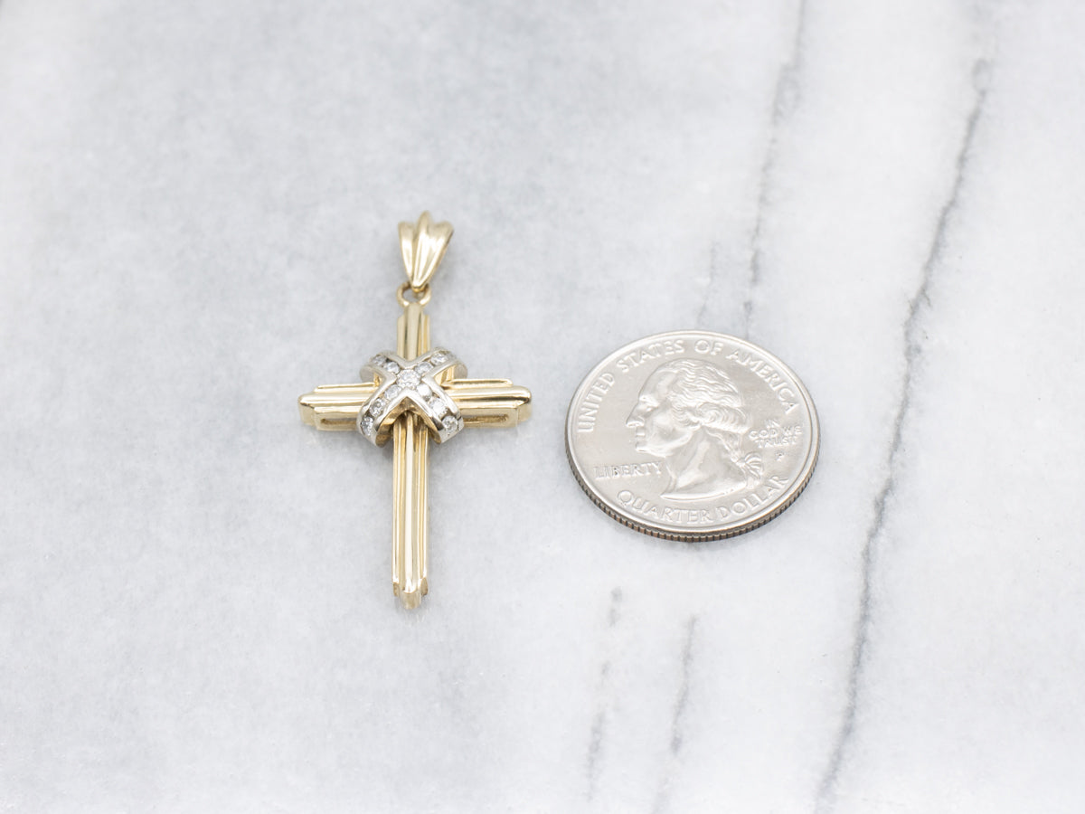 Modern Two-Tone Gold Diamond Cross Pendant