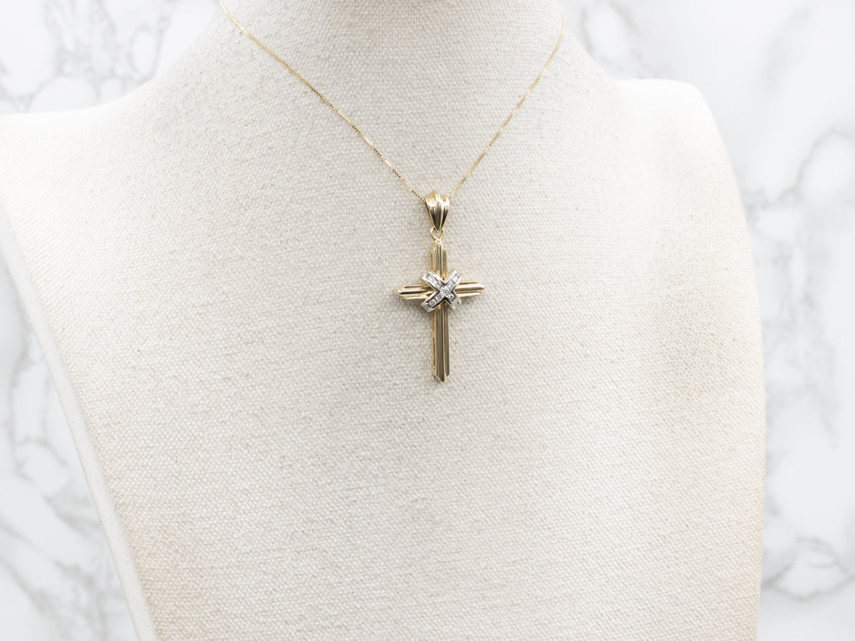 Modern Two-Tone Gold Diamond Cross Pendant