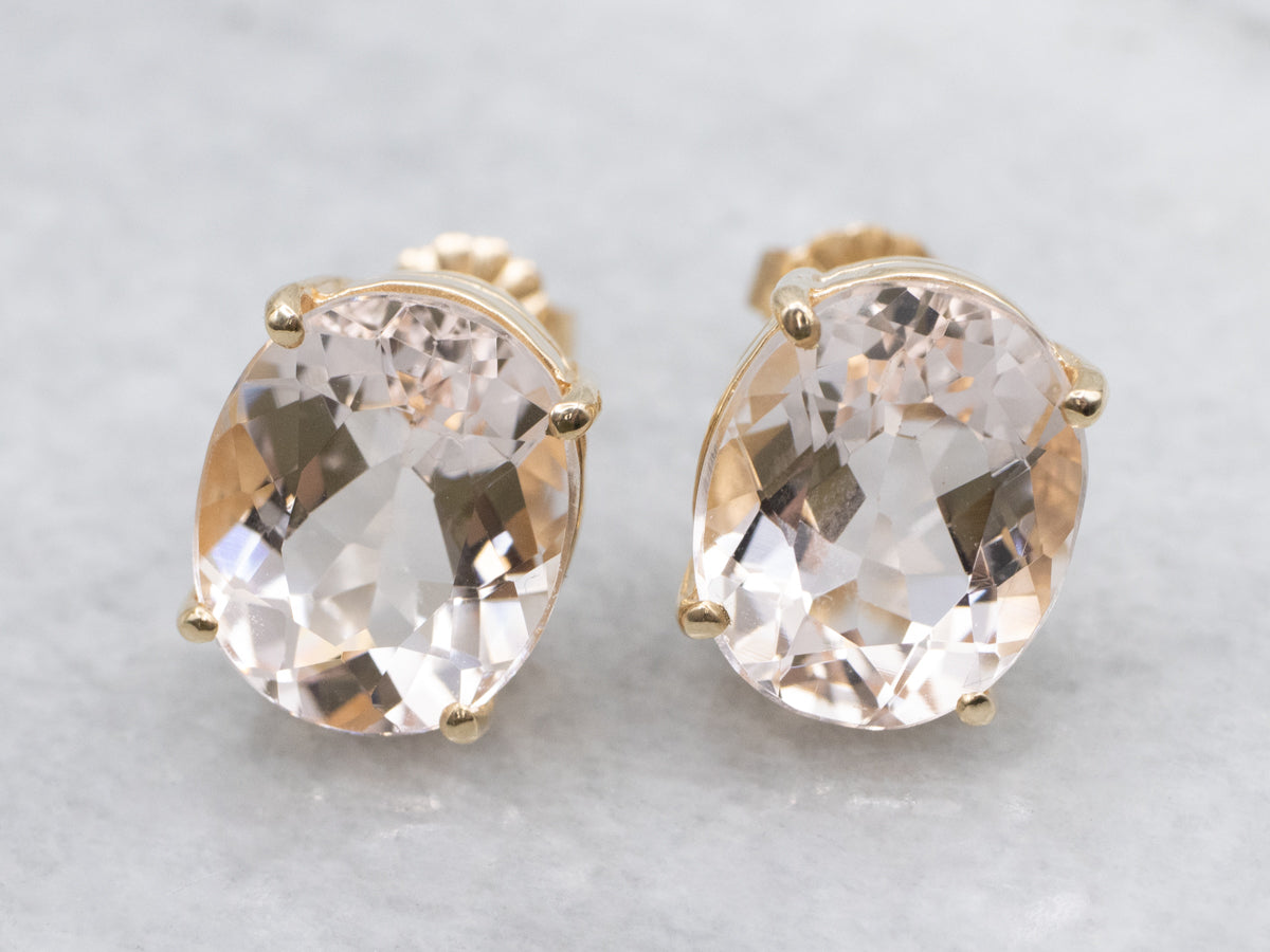 Oval Cut Morganite Yellow Gold Stud Earrings