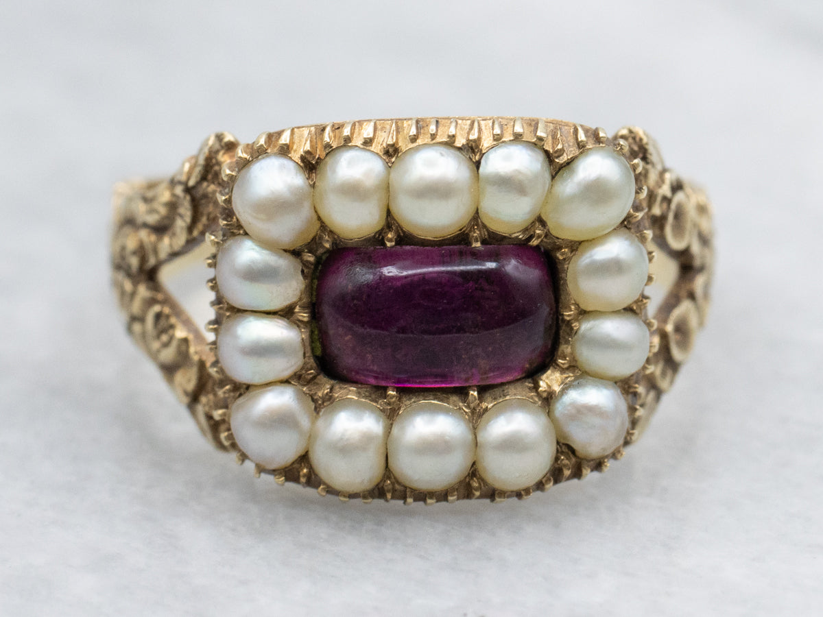 Floral "Mother From Frances" 1930s Amethyst Glass and Pearl Halo Ring