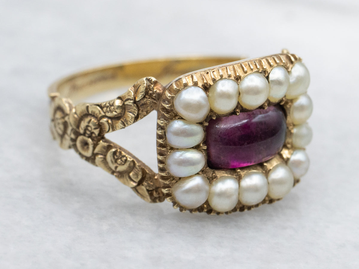 Floral "Mother From Frances" 1930s Amethyst Glass and Pearl Halo Ring