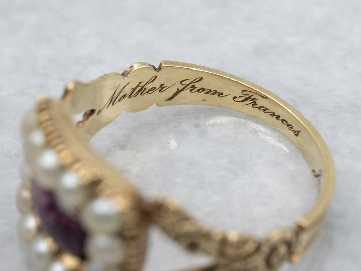 Floral "Mother From Frances" 1930s Amethyst Glass and Pearl Halo Ring