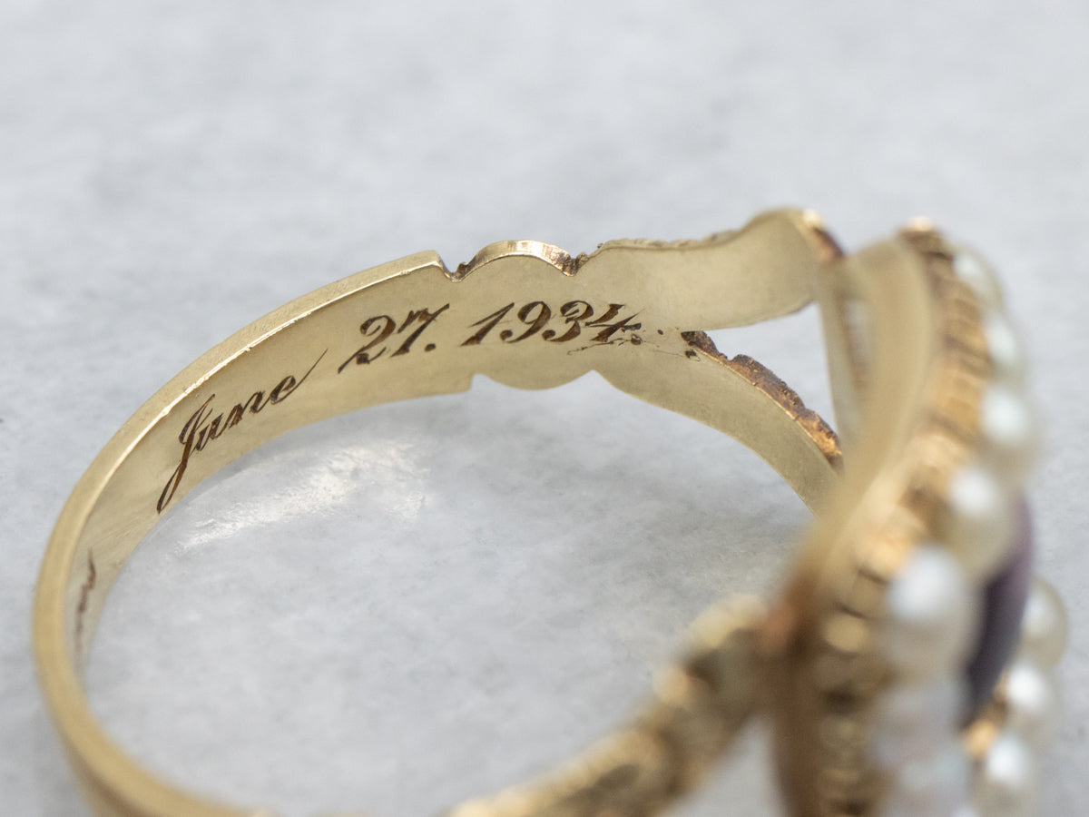 Floral "Mother From Frances" 1930s Amethyst Glass and Pearl Halo Ring