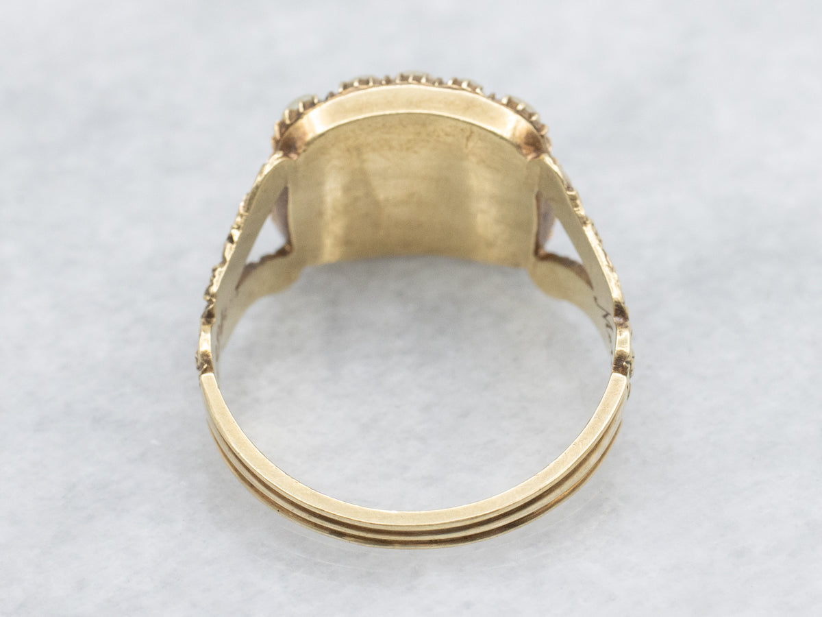 Floral "Mother From Frances" 1930s Amethyst Glass and Pearl Halo Ring