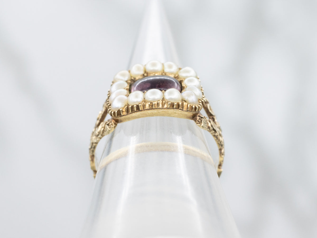 Floral "Mother From Frances" 1930s Amethyst Glass and Pearl Halo Ring