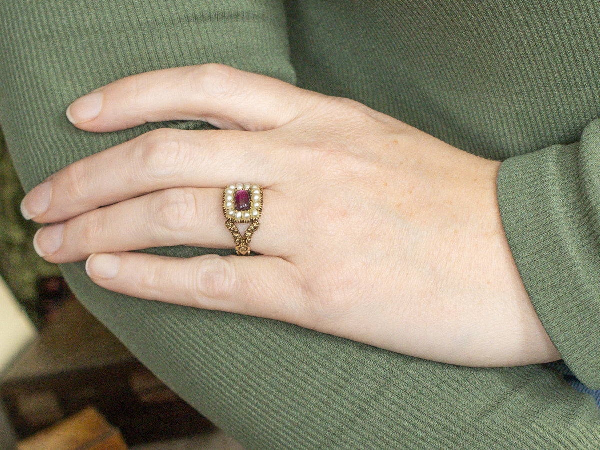 Floral "Mother From Frances" 1930s Amethyst Glass and Pearl Halo Ring