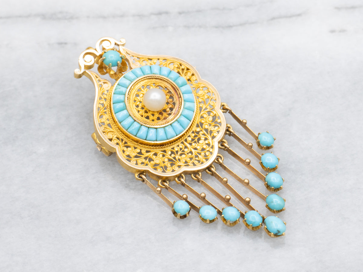 Ornate Gold Floral Filigree Pearl and Turquoise Tassel Pin or Pendant with Removable Pin