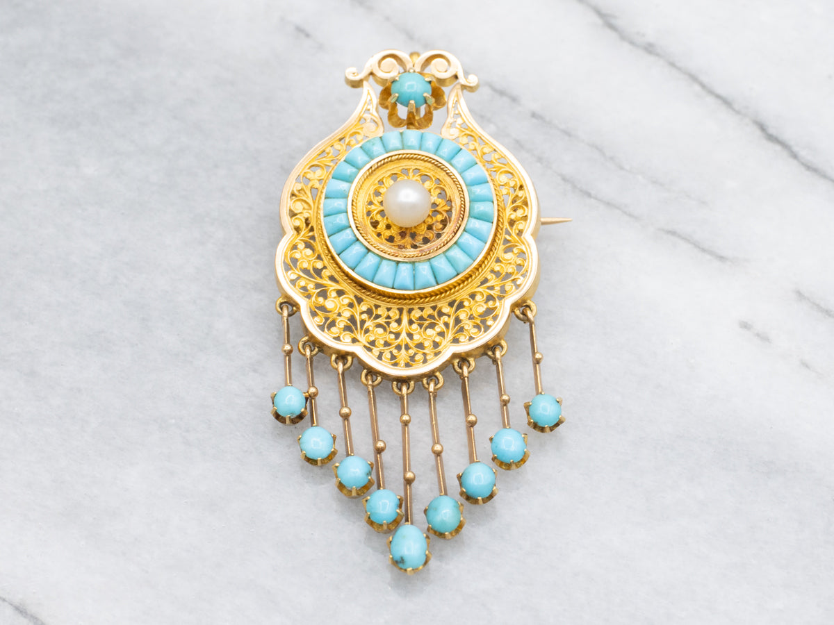 Ornate Gold Floral Filigree Pearl and Turquoise Tassel Pin or Pendant with Removable Pin