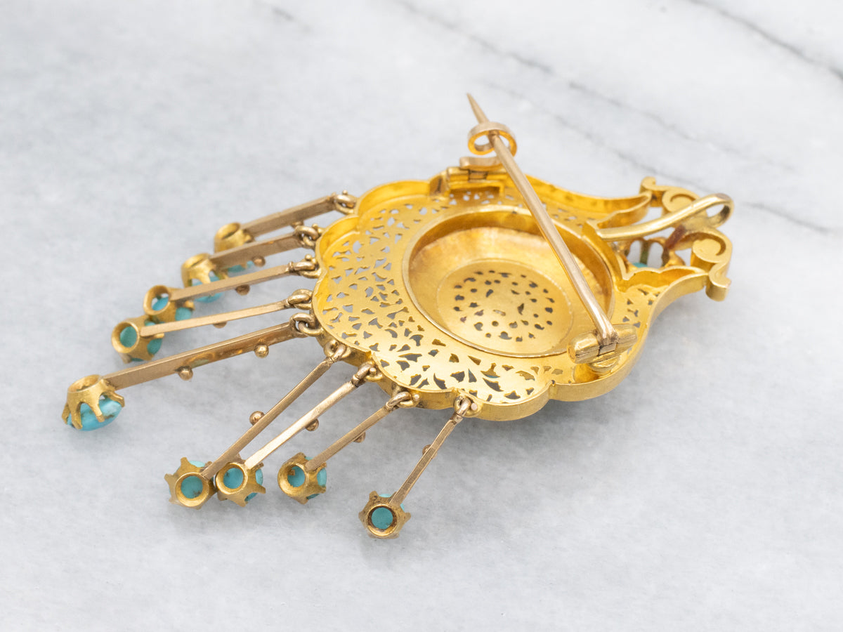Ornate Gold Floral Filigree Pearl and Turquoise Tassel Pin or Pendant with Removable Pin