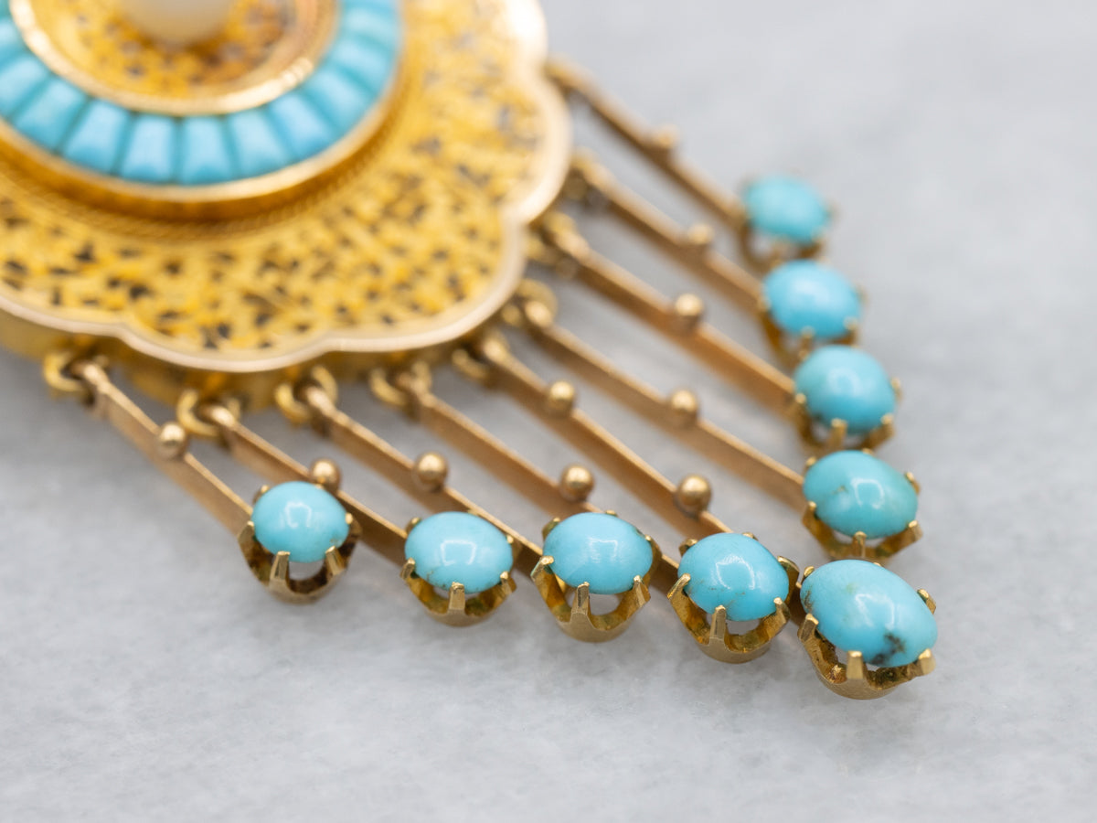 Ornate Gold Floral Filigree Pearl and Turquoise Tassel Pin or Pendant with Removable Pin