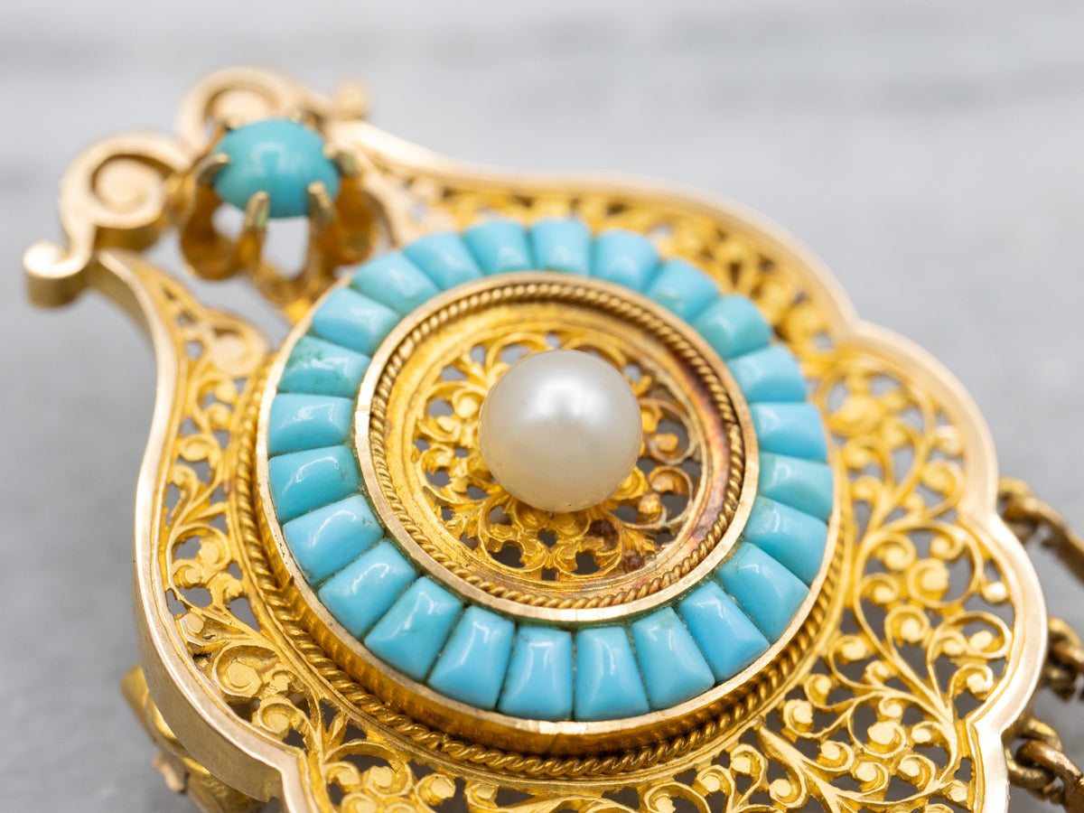 Ornate Gold Floral Filigree Pearl and Turquoise Tassel Pin or Pendant with Removable Pin