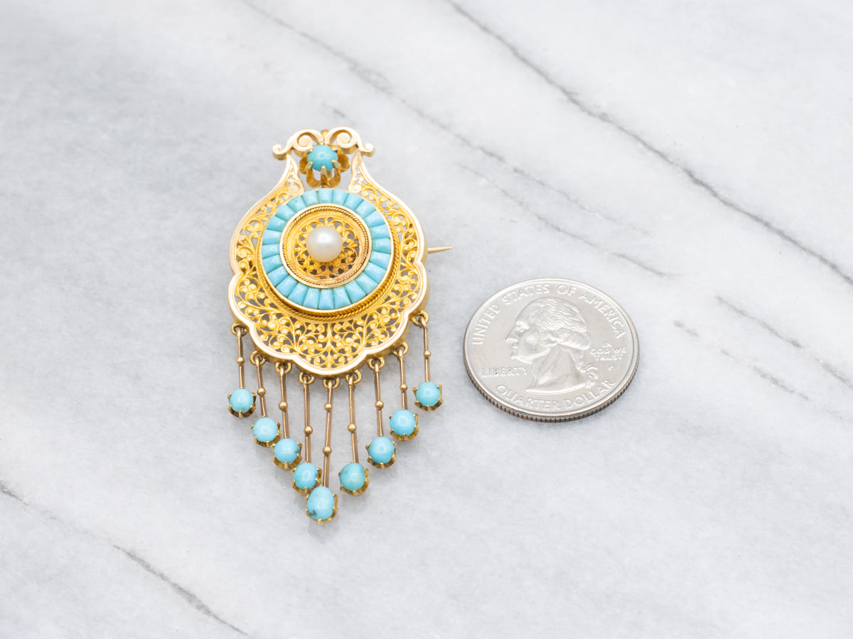 Ornate Gold Floral Filigree Pearl and Turquoise Tassel Pin or Pendant with Removable Pin