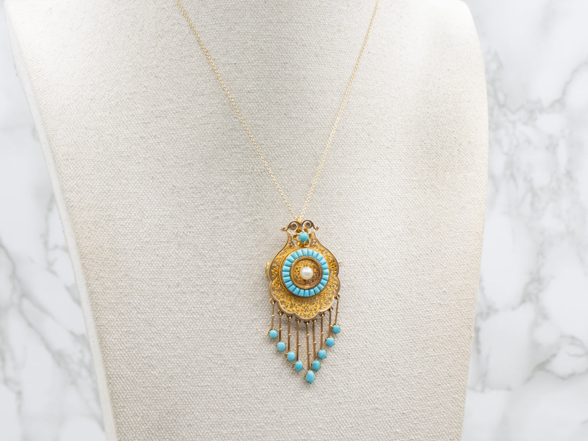 Ornate Gold Floral Filigree Pearl and Turquoise Tassel Pin or Pendant with Removable Pin