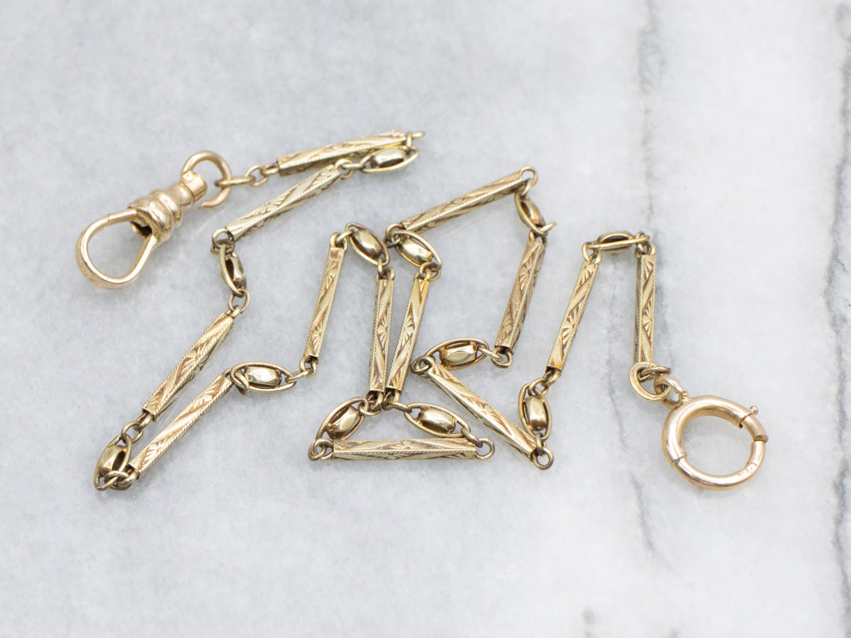 Engraved Gold Floral Bar Link Pocket Watch Chain