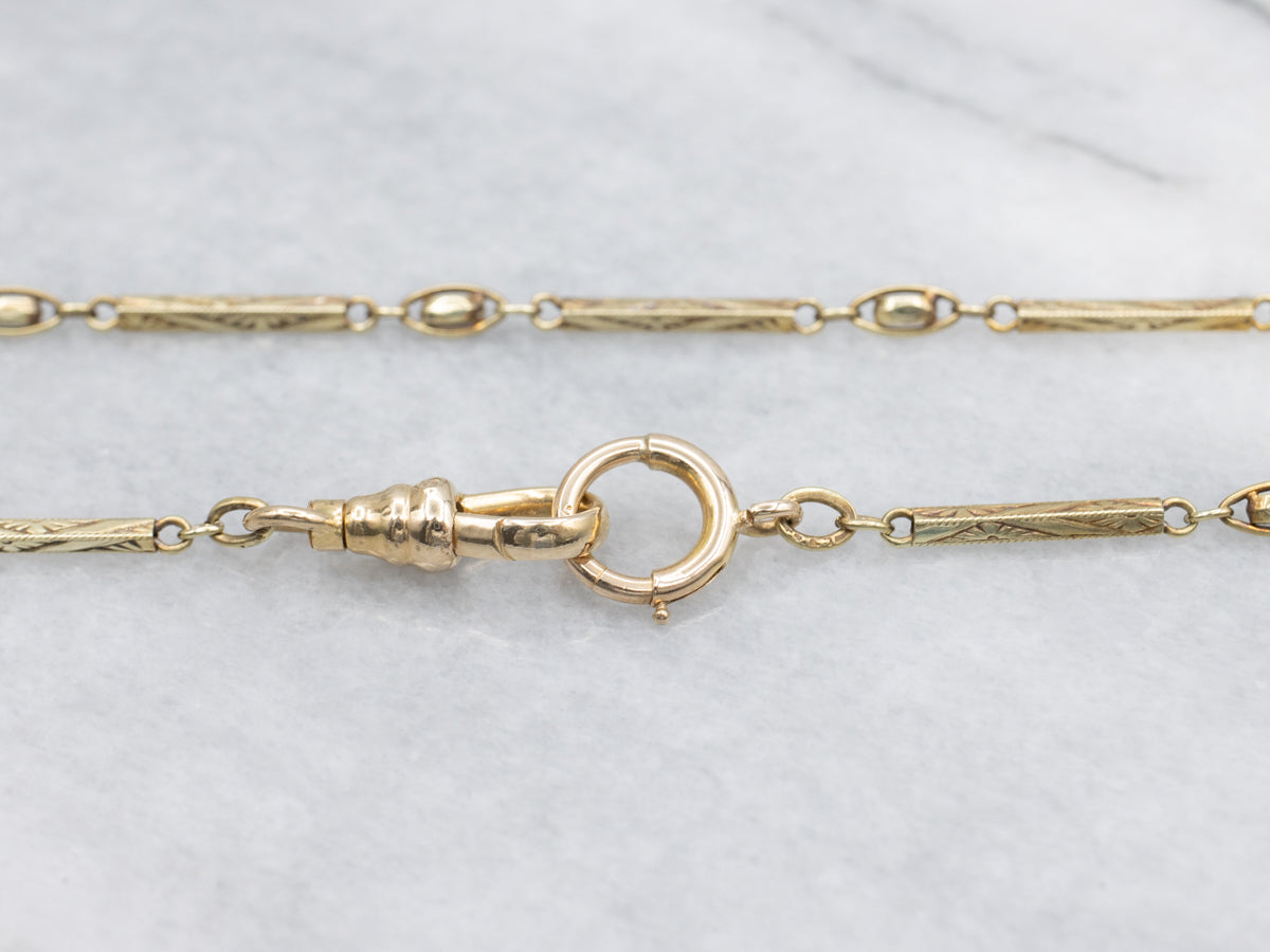 Engraved Gold Floral Bar Link Pocket Watch Chain