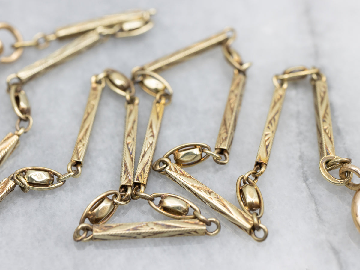 Engraved Gold Floral Bar Link Pocket Watch Chain