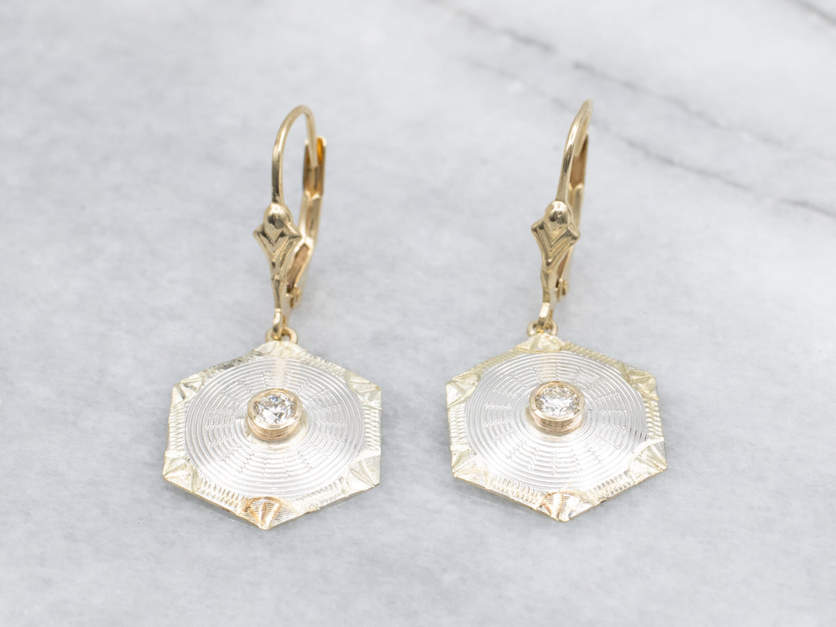Hexagonal Diamond and Gold Cufflink Conversion Drop Earrings