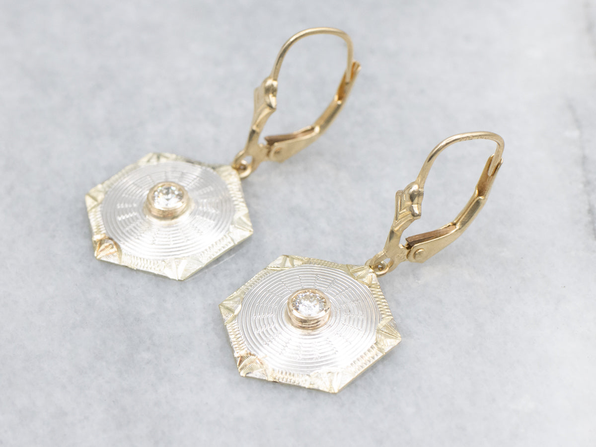 Hexagonal Diamond and Gold Cufflink Conversion Drop Earrings
