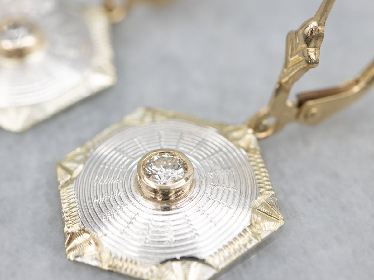 Hexagonal Diamond and Gold Cufflink Conversion Drop Earrings