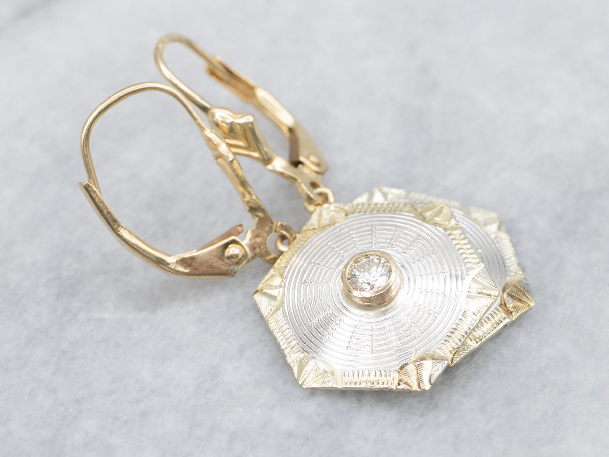 Hexagonal Diamond and Gold Cufflink Conversion Drop Earrings