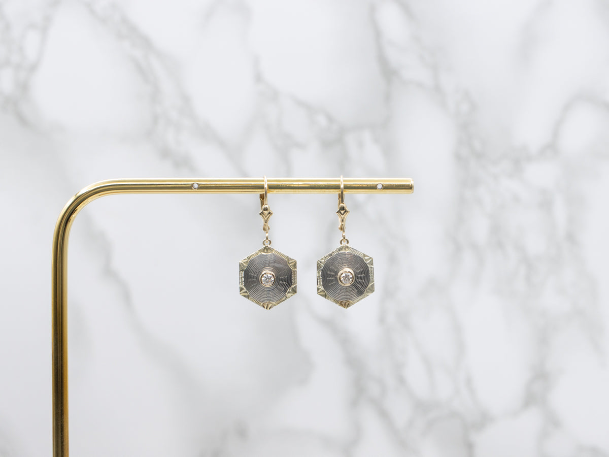 Hexagonal Diamond and Gold Cufflink Conversion Drop Earrings
