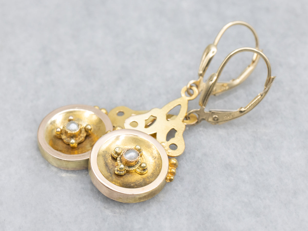 Antique Seed Pearl and Gold Drop Earrings
