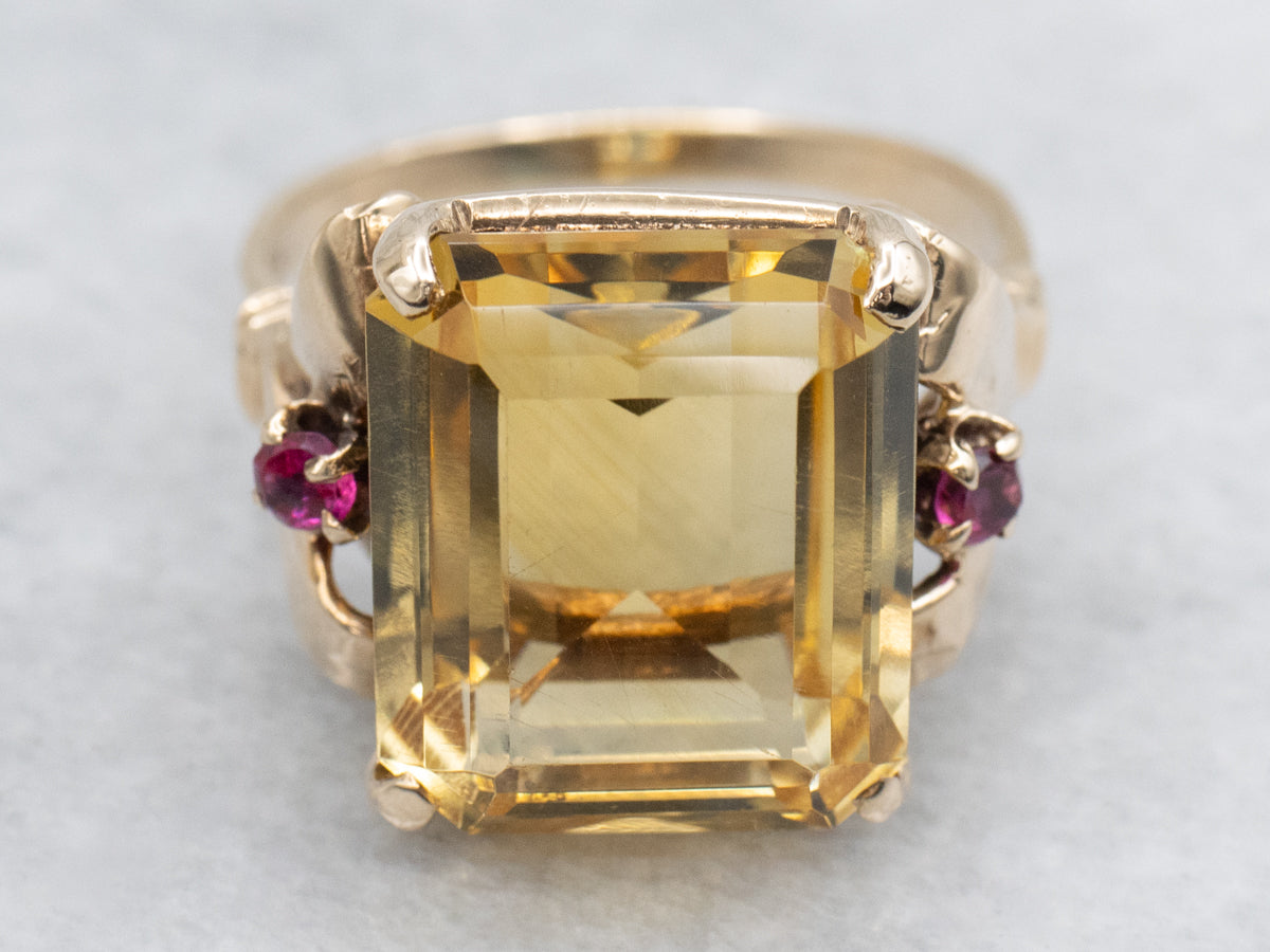 Mid-century Citrine and Ruby Yellow Gold Cocktail Ring