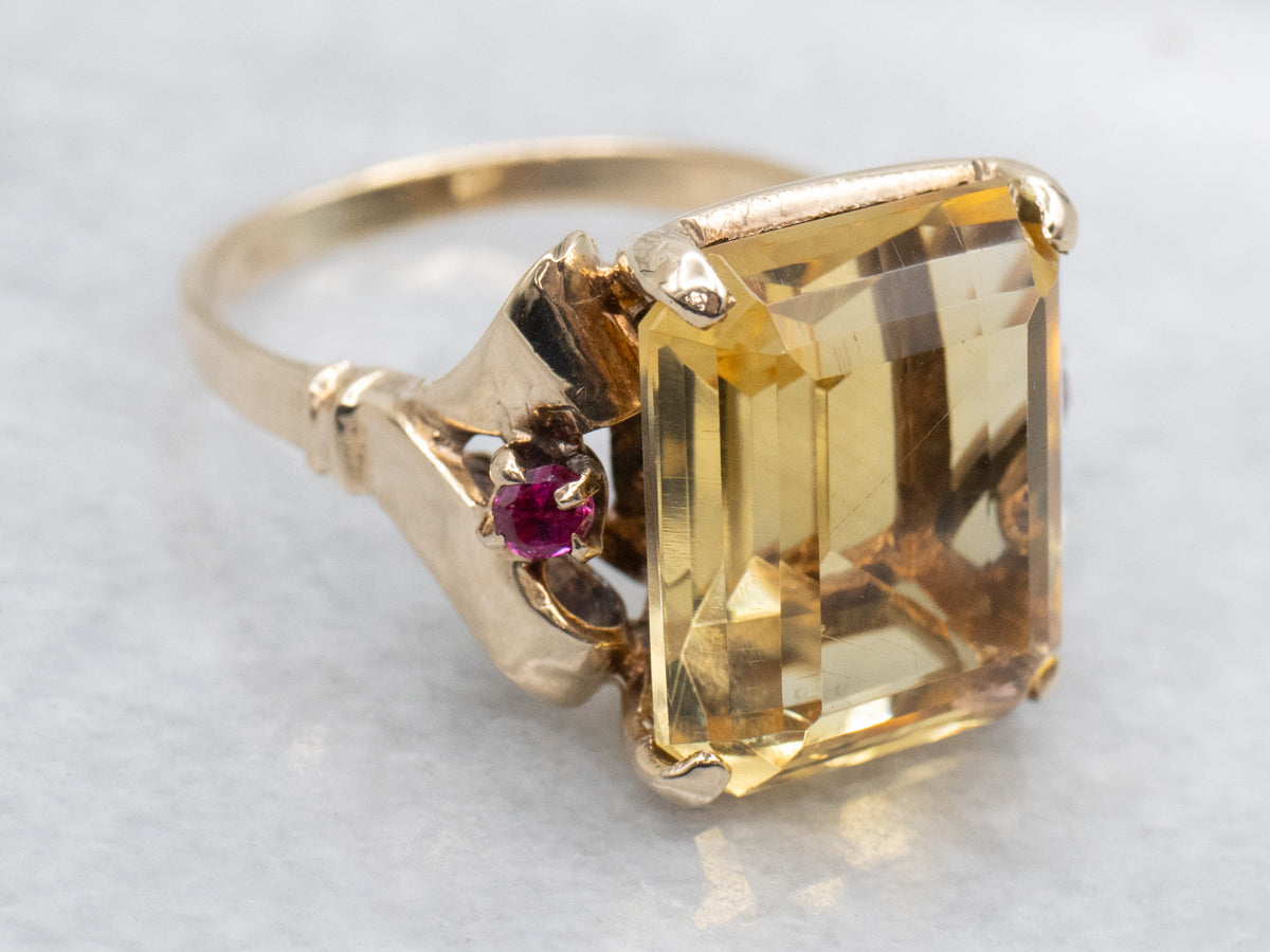 Mid-century Citrine and Ruby Yellow Gold Cocktail Ring