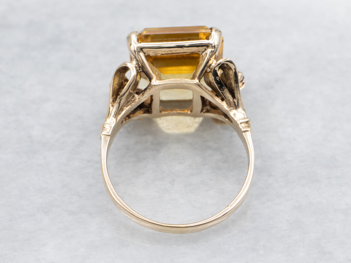 Mid-century Citrine and Ruby Yellow Gold Cocktail Ring