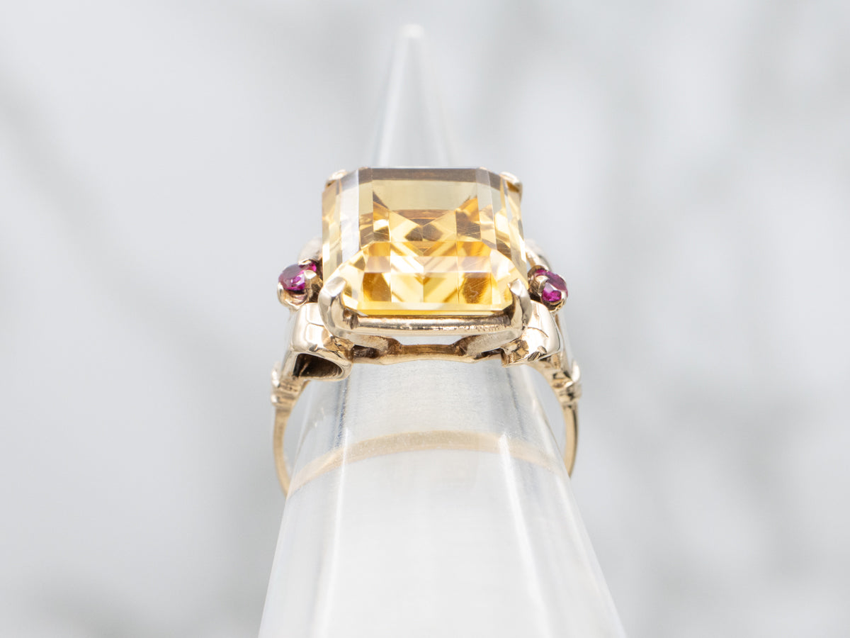 Mid-century Citrine and Ruby Yellow Gold Cocktail Ring