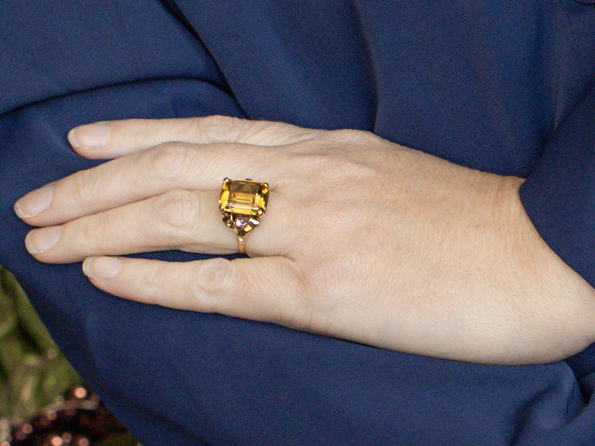 Mid-century Citrine and Ruby Yellow Gold Cocktail Ring
