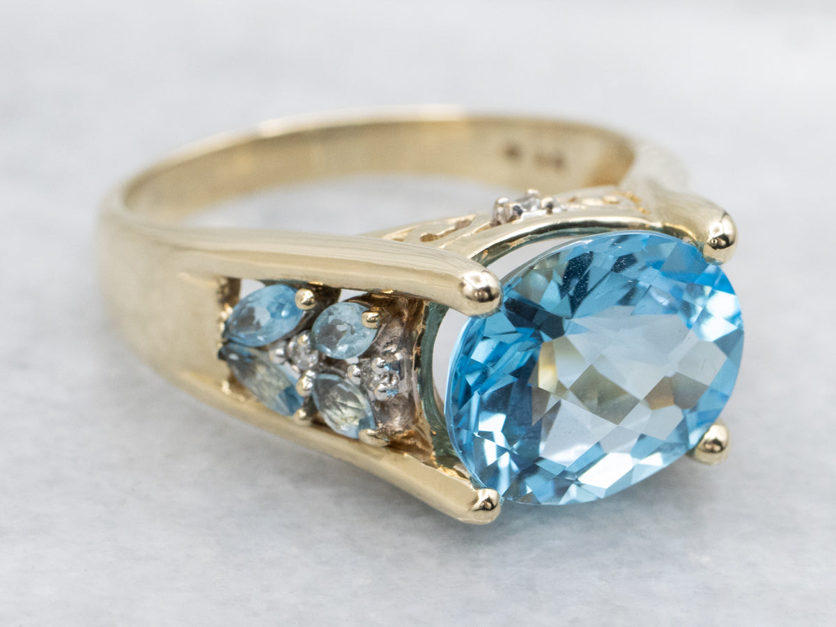 East-to-West Set Blue Topaz and Diamond Gold Cocktail Ring