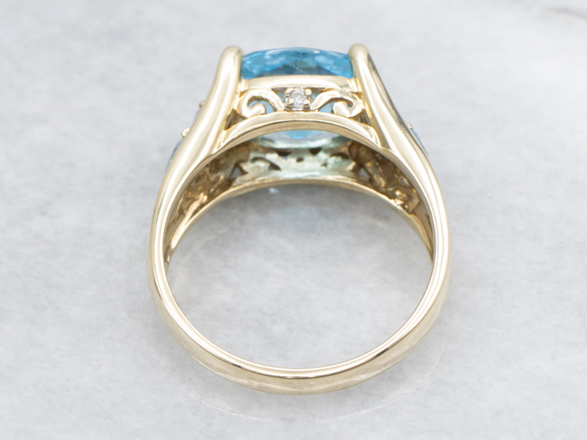 East-to-West Set Blue Topaz and Diamond Gold Cocktail Ring