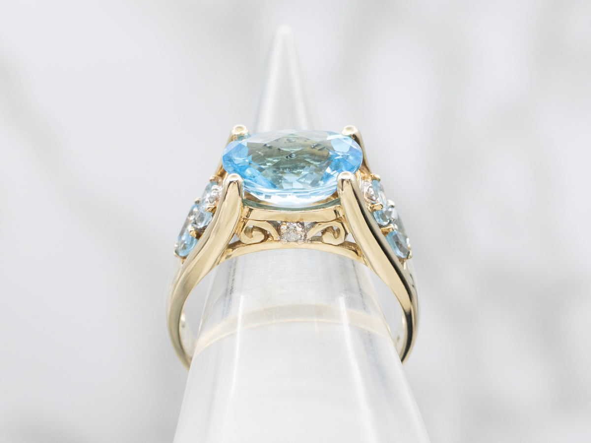 East-to-West Set Blue Topaz and Diamond Gold Cocktail Ring